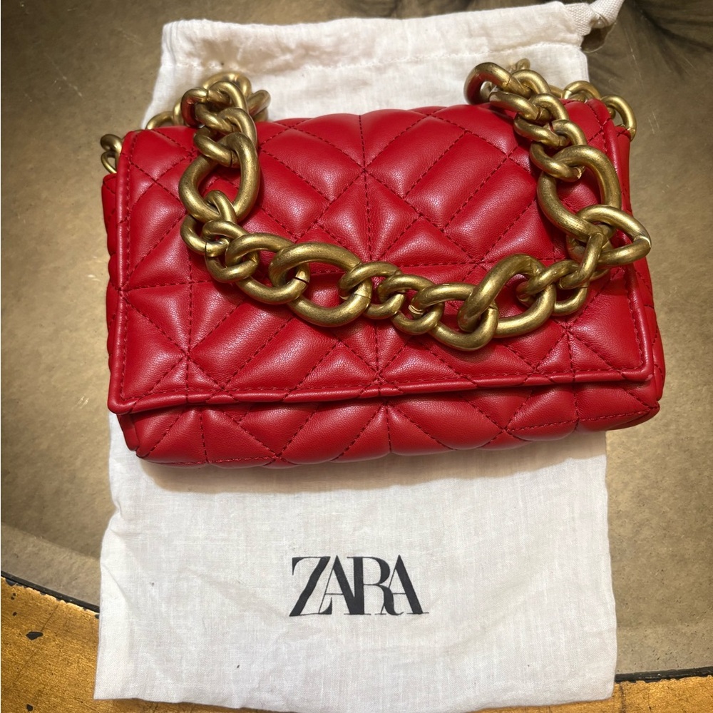 Zara Red Gold Quilted Shoulder Bag